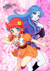 2girls artist_name black_sleeves blue_eyes blue_eyeshadow blue_hair bow bowtie capelet clover_hair_ornament commentary_request curly_hair dated dress eyeshadow finger_to_own_chin floral_background forehead_jewel four-leaf_clover_hair_ornament full_body hair_ornament hand_up heart heart_necklace highres jewelry kanzaki_megu kisaragi_miyuki lace_background long_hair looking_at_another majokko_megu-chan makeup multiple_girls necklace non_gou orange_dress pale_skin parted_lips pendant pink_background puffy_short_sleeves puffy_sleeves purple_capelet purple_dress red_hair red_shoes shoes short_dress short_sleeves sidelocks signature smile standing standing_on_one_leg teeth upper_teeth_only v white_bow