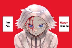 1boy aotsuki_eito blood blood_from_forehead blood_on_face bloody_tears blue_eyes crazy_eyes english_text eyebrows glasses grin looking_at_viewer male_focus red_background simple_background smile solo solo_focus teeth the_hundred_line_-last_defense_academy- upper_body white_hair