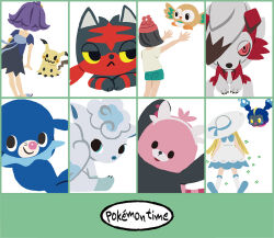 3girls :&lt; acerola_(pokemon) alolan_form alolan_vulpix artist_request bewear black_hair blonde_hair blue_eyes boots border claws closed_mouth colored_sclera copyright_name cosmog dress english_text flying from_behind gen_7_pokemon grass green_border green_shorts half-closed_eyes hat legendary_pokemon lillie_(pokemon) litten long_hair lycanroc lycanroc_(midnight) medium_hair mimikyu multiple_girls nintendo official_art one_eye_covered outstretched_arms pokemon pokemon_(creature) pokemon_focus pokemon_sm popplio purple_hair reaching red_eyes red_hat red_sclera rowlet second-party_source selene_(pokemon) shirt short_hair short_sleeves shorts simple_background solid_oval_eyes standing sun_hat white_background white_boots white_dress white_hat white_shirt
