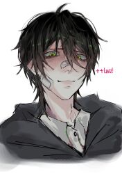 1boy bandaid bandaid_on_face bandaid_on_nose black_hair degrees_of_lewdity english_text green_eyes highres hllweenplant kylar_(degrees_of_lewdity) kylar_(male)_(degrees_of_lewdity) looking_at_viewer portrait red_pupils short_hair solo