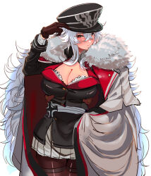 1girl adjusting_clothes adjusting_headwear azur_lane belt black_cape black_gloves black_hat black_pantyhose black_suit blush bra breasts cape center_opening cleavage cloak closed_mouth coat cowboy_shot cross crossed_bangs formal_clothes fur-trimmed_coat fur_trim gloves graf_zeppelin_(azur_lane) grey_belt hat hey_taisyou highres iron_cross large_breasts long_hair looking_at_viewer military_hat military_uniform miniskirt open_clothes open_coat pantyhose peaked_cap pleated_skirt red_eyes sidelocks skirt solo suit thighband_pantyhose two-tone_cape underwear very_long_hair white_bra white_cloak white_coat white_hair white_skirt