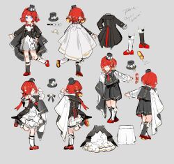 3girls absurdres alternate_costume ascot asymmetrical_legwear black_jacket black_vest blue_eyes bow concept_art double_bun dress dress_flower eye_mask flower grape_(grapedraws) grey_background hair_bun hat hat_flower highres honkai:_star_rail honkai_(series) jacket leg_up mini_hat mini_top_hat mismatched_legwear multiple_girls multiple_views necktie red_bow red_hair red_necktie red_shoes shoes shorts sidelocks top_hat trianne_(honkai:_star_rail) tribbie_(honkai:_star_rail) trinnon_(honkai:_star_rail) veil vest white_ascot white_dress white_shorts white_veil