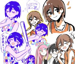 2girls 3boys alternate_eye_color aubrey_(faraway)_(omori) aubrey_(headspace)_(omori) aubrey_(omori) bailan1130 baseball_bat basil_(headspace)_(omori) basil_(omori) black_eyes black_hair black_sweater_vest blue_eyes blue_hairband blue_shirt blush bow bright_pupils brown_hair closed_eyes closed_mouth collarbone collared_shirt colored_skin double-parted_bangs eyepatch grin hair_bow hairband highres holding holding_baseball_bat jacket kel_(faraway)_(omori) kel_(headspace)_(omori) kel_(omori) long_hair looking_at_viewer multiple_boys multiple_girls omori open_mouth parted_lips pink_bow pink_hair purple_eyes purple_hair shirt short_hair short_sleeves smile speech_bubble spoilers sunny_(omori) sweater_vest t-shirt tank_top teeth thought_bubble translation_request white_jacket white_pupils white_shirt white_skin