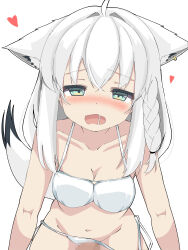 1girl absurdres ahoge animal_ear_fluff animal_ear_piercing animal_ears aqua_eyes bikini blush braid breasts censored collarbone ears_down fox_ears fox_girl fox_tail frown girl_on_top grinding groin half-closed_eyes heart highres hololive in_heat long_hair looking_at_viewer medium_breasts mosaic_censoring nose_blush open_mouth penis pov saliva shirakami_fubuki shirayuki_(snow_link) side-tie_bikini_bottom single_braid swimsuit tail untied_bikini_bottom virtual_youtuber white_background white_bikini white_hair white_tail