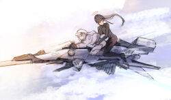 2girls absurdres black_bodysuit black_hair black_halo blue_archive bodysuit breasts grey_hair halo hand_on_another&#039;s_hip highres himari_(bodysuit)_(blue_archive) hover_bike hover_vehicle hug jacket large_breasts long_hair looking_back mole mole_under_eye multicolored_halo multiple_girls ponytail purple_eyes red_eyes red_halo riding rio_(blue_archive) rio_(bodysuit)_(blue_archive) she_(morianosu) sitting two-tone_halo very_long_hair white_bodysuit white_halo white_jacket