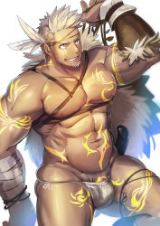 1boy abs arm_tattoo ass bandages bara bare_pectorals biceps bikini_briefs blue_eyes body_hair bracer bulge cape chest_harness chest_tattoo cowboy_shot dark-skinned_male dark_skin facial_hair facial_tattoo feather_hair_ornament feathers full-body_tattoo fur_cape goatee feather_hair_ornament harness highres large_pectorals leather leg_tattoo looking_to_the_side male_focus male_pubic_hair male_underwear muscular muscular_male navel neck_tattoo nipples original pectorals pubic_hair pubic_tattoo sheath sheathed short_hair shoulder_tattoo skindentation solo tattoo thick_thighs thighs tribal tribal_tattoo underwear waku_(ayamix) white_hair