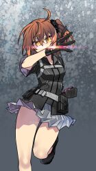 1girl ahoge belt black_gloves black_jacket black_scrunchie breasts command_spell fate/grand_order fate_(series) fujimaru_ritsuka_(female) fujimaru_ritsuka_(female)_(polar_chaldea_uniform) gloves grey_skirt hair_ornament hair_scrunchie jacket looking_at_viewer medium_breasts negi_(ulog&#039;be) one_side_up orange_eyes orange_hair pouch scrunchie short_hair short_sleeves skirt solo thighs