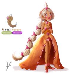 1girl bracelet brown_dress dark-skinned_female dark_skin dress endifi full_body gen_1_pokemon grey_eyes grey_hair horns jewelry leotard long_braid long_hair nintendo open_mouth own_hands_together personification pink_leotard pink_shoes pokemon pokemon_(creature) reference_inset shoes single_horn weedle