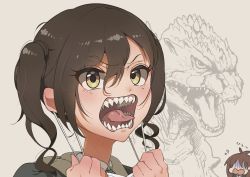 2girls amatsu_amaguri black_jacket brown_eyes brown_hair commentary_request flying_sweatdrops godzilla godzilla_(series) grey_background hair_between_eyes idolmaster idolmaster_cinderella_girls jacket long_hair looking_away mask mask_pull mole mole_under_eye mouth_mask multiple_girls open_mouth portrait pulling_own_clothes saliva sharp_teeth sunazuka_akira surgical_mask teeth tongue turn_pale twintails v-shaped_eyebrows