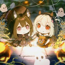 2girls animal_ears black_cape black_dress black_hair blonde_hair blurry blurry_background blush cape cat_ears chibi chinese_commentary closed_mouth commentary_request dkl_(dinosaurkl2) dress fake_animal_ears halloween halloween_costume highres inoue_takina long_hair lycoris_recoil multiple_girls nishikigi_chisato off-shoulder_dress off_shoulder orange_dress purple_eyes red_eyes short_hair sidelocks trick_or_treat