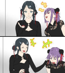 2girls bang_dream! bang_dream!_it&#039;s_mygo!!!!! black_hair black_shirt bun_cover commentary double_bun hair_bun highres laughing multiple_girls nail_polish photo-referenced pink_eyes purple_hair rainbow_hose red_nails shirt short_hair simple_background smile symbol-only_commentary white_background yahata_umiri yuutenji_nyamu