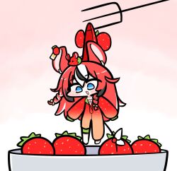 1girl animal_ears black_hair blue_eyes braid chibi food fork fruit full_body hakos_baelz hakos_baelz_(strawberry) highres hololive hololive_english long_hair mini_person mouse_ears mouse_girl mouse_tail mr._squeaks_(hakos_baelz) multicolored_hair open_mouth pajamas red_hair solo strawberry streaked_hair tail tensutensu virtual_youtuber white_hair