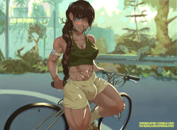 1futa abs armband bicycle bike_shorts blue_eyes blush_stickers braid breasts brown_hair bulge choker cleavage collarbone covered_erect_nipples dark-skinned_female dark_skin futanari hair_over_one_eye hair_over_shoulder large_breasts long_hair midriff muscular muscular_female original shoes single_braid sneakers socks solo sports_bra sprinklepoo stomach sweat thick_eyebrows thick_thighs thighs
