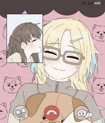 2girls animal_background battery_indicator blonde_hair blue_hair brown_hair brown_shirt brown_sweater closed_eyes commentary_request fake_phone_screenshot fake_screenshot fujishima_megumi gochujang_video_call_template gradient_hair hair_ornament hairclip highres hugging_doll hugging_object korean_commentary lightning_bolt_symbol link!_like!_love_live! long_hair love_live! multicolored_hair multiple_girls osawa_rurino osawa_rurino_(summer_loungewear) parted_bangs pink_background profile shirt stuffed_animal stuffed_dog stuffed_toy sweater two_side_up upper_body video_call virtual_youtuber zueka27