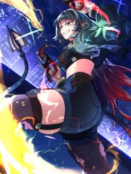 1girl absurdres animal_ears black_hair cityscape crop_top fur-trimmed_jacket fur_trim garter_straps green_eyes green_jacket harukimatsui_25 high-waist_shorts highres jacket jane_doe_(zenless_zone_zero) long_hair midriff mouse_ears mouse_girl mouse_tail multicolored_hair night pantyhose red_hair red_nails sharp_tail shorts single_garter_strap tail torn_clothes torn_pantyhose two-tone_hair zenless_zone_zero