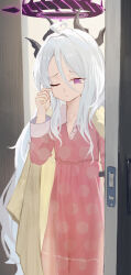 Rule 34 | 1girl, absurdres, black horns, blue archive, cardigan, closed mouth, demon girl, demon horns, dress, flat chest, haimaotuanzi, halo, highres, hina (blue archive), hina (pajamas) (blue archive), horns, long hair, long sleeves, official alternate costume, one eye closed, pajamas, pink dress, pink pajamas, polka dot, purple eyes, purple halo, solo, very long hair, white hair, yellow cardigan