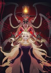 1boy 1girl blonde_hair blush_stickers carrying commentary couple demon_boy demon_girl demon_horns evil_grin evil_smile grin hair_slicked_back hazbin_hotel hetero highres horns husband_and_wife lilith_(hazbin_hotel) lucifer_morningstar_(hazbin_hotel) mtdy princess_carry sharp_teeth smile teeth