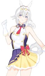 Rule 34 | 1girl, animal ears, blue eyes, cropped legs, gloves, hair between eyes, highres, horse ears, horse girl, horse tail, long hair, looking at viewer, mairudo (mildcoffee1117), oguri cap (umamusume), parted lips, shirt, sidelocks, simple background, skirt, sleeveless, sleeveless shirt, smile, solo, standing, tail, umamusume, umamusume: cinderella gray, white background, white fur, white gloves, white hair, white shirt, yellow skirt