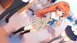 Rule 34 | 1boy, 3girls, :d, antenna hair, black socks, blue neckerchief, blurry, blush, brown serafuku, brown shirt, brown skirt, day, depth of field, dutch angle, eyes visible through hair, flying sweatdrops, full body, fuuga himeno, game cg, green ribbon, hair ribbon, hand up, highres, holding, holding phone, kneehighs, loafers, long hair, long sleeves, looking at viewer, lower teeth only, miniskirt, multiple girls, neckerchief, official art, open mouth, orange hair, outdoors, phone, pleated skirt, promotional art, purple shoes, red eyes, ren&#039;ai hajimemashite, ribbon, sailor collar, school uniform, serafuku, shirt, shoes, single hair intake, skirt, smile, socks, solo focus, sweatdrop, swept bangs, teeth, thighhighs, tile floor, tiles, tress ribbon, very long hair, wavy hair, white sailor collar, white thighhighs, yuunagi seshina, zettai ryouiki