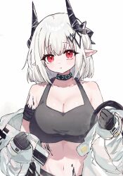 1girl arknights bare_shoulders black_gloves black_horns black_sports_bra blush breasts cleavage collarbone commentary crop_top gloves highres horns infection_monitor_(arknights) large_breasts long_sleeves looking_at_viewer material_growth midriff morita_(pixiv31883607) mudrock_(arknights) mudrock_(elite_ii)_(arknights) navel off_shoulder oripathy_lesion_(arknights) parted_lips pointy_ears red_eyes short_hair simple_background sleeveless solo sports_bra upper_body white_background white_hair