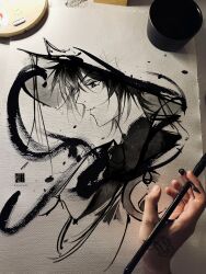 Rule 34 | 1boy, alticute, art tools in frame, artist&#039;s hand in frame, artist name, bodysuit, calligraphy brush, calligraphy brush (medium), cropped head, cropped torso, from side, gem, genshin impact, greyscale, highres, looking down, lower eyelashes only, male focus, mandarin collar, messy hair, monochrome, paintbrush, parted lips, photo (medium), portrait, profile, scaramouche (genshin impact), short hair, solo, traditional media, tsurime, vision (genshin impact), wanderer (genshin impact)