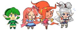&gt;;) 4girls :o ;) arrow_(symbol) ass blue_dress blush chibi closed_eyes dark-skinned_female dark_skin din dreaminerryday dress facial_mark flower flustered flying_sweatdrops forehead_mark frown green_dress green_eyes green_hair grey_hair hair_flower hair_ornament hair_stick high_ponytail leaning_forward leg_up long_hair long_sleeves marin_(zelda) multiple_girls nintendo nose_blush one_eye_closed open_mouth orange_eyes orange_hair pantyhose paya_(zelda) pointy_ears ponytail purple_eyes saria_(zelda) short_dress simple_background smile standing standing_on_one_leg the_legend_of_zelda the_legend_of_zelda:_breath_of_the_wild the_legend_of_zelda:_link&#039;s_awakening the_legend_of_zelda:_ocarina_of_time the_legend_of_zelda:_oracle_of_seasons turtleneck unitard v-shaped_eyebrows very_long_hair white_background
