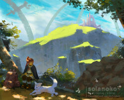 1girl animal artist_logo artist_name bag belt boots cliff cloak cloud cloudy_sky day dog fantasy foliage grass leggings logo looking_down mountain nature on_tree original outdoors ponytail red_hair rock ruins scenery shorts sitting sky solanoko solo sunlight tree white_dog