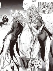 2boys 2girls absurdres ass bang_(one-punch_man) bare_shoulders bleeding blood blood_from_forehead bomb_(one-punch_man) breasts collarbone exhausted female_focus flat_chest fubuki_(one-punch_man) heel-less_shoes highres hole_in_head legs loli long_sleeves lying manga_page monochrome multiple_boys multiple_girls murata_yuusuke no_bra no_panties official_art on_back one-punch_man short_hair sleeveless small_breasts stitched tatsumaki thighs third-party_edit
