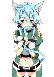 1girl animal_ear_fluff animal_ears armor biting biting_own_tail blue_hair blush breastplate cat_ears hair_between_eyes highres navel shikei short_hair short_shorts shorts sidelocks simple_background single_sleeve sinon sinon_(sao-alo) solo sword_art_online tail tail_biting thighhighs thighs white_armor white_background
