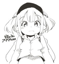 1girl backpack bag blush breasts cactas7 closed_mouth from_below greyscale hair_bobbles hair_ornament hat kawashiro_nitori long_sleeves looking_at_viewer medium_breasts monochrome newsboy_cap solo touhou upper_body white_background wing_collar