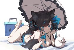 1girl animal_ears bare_legs bare_shoulders bikini blue_eyes cat_(nyanko_daisensou) cat_ears dark_kasli_(nyanko_daisensou) ebora looking_at_viewer lying nyanko_daisensou on_stomach parasol swimsuit umbrella