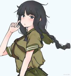 Rule 34 | 1girl, black hair, blunt bangs, braid, commentary request, green sailor collar, green serafuku, green shirt, green skirt, kantai collection, kitakami (kancolle), long hair, looking at viewer, mani oniniku, one-hour drawing challenge, sailor collar, school uniform, serafuku, shirt, simple background, single braid, skirt, solo, upper body, white background