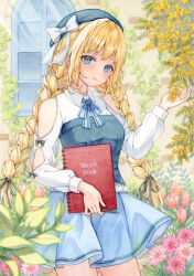 1girl bare_shoulders beret black_bow black_ribbon blonde_hair blue_bow blue_bowtie blue_eyes blue_hat blue_skirt blush book bow bowtie braid breasts brooch closed_mouth clothing_cutout commentary_request cowboy_shot daisy_(flower) flower frilled_shirt frills grid_print hair_bow hair_intakes hand_up hat hat_bow highres holding holding_book holding_pencil jewelry leaf long_hair long_sleeves looking_at_viewer medium_breasts omagari_kei original painting_(medium) pencil pink_flower pink_tulip plant print_bow ribbon shirt shoulder_cutout sidelocks signature sketchbook skirt sleeve_bow smile solo standing striped_bow striped_bowtie striped_clothes traditional_media tulip twin_braids very_long_hair vines watercolor_(medium) white_bow white_shirt window yellow_flower