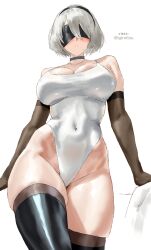 1girl 2b_(nier:automata) alternate_costume artist_name bare_shoulders black_choker black_gloves black_hairband black_thighhighs blush breasts choker cleavage closed_mouth commentary_request covered_navel elbow_gloves gloves grey_hair hairband highleg highleg_one-piece_swimsuit highres igiroitsu large_breasts mole mole_under_mouth nier:automata nier_(series) one-piece_swimsuit short_hair simple_background solo swimsuit thick_thighs thighhighs thighs white_background white_one-piece_swimsuit wide_hips