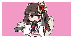 Rule 34 | 1girl, :d, ahoge, black sandals, blunt bangs, blush, border, brown hair, chibi, chibi only, full body, holding, holding knife, ini (inunabe00), japanese clothes, kimono, kiritanpo (food), knife, long sleeves, looking at viewer, mask, mask on head, obi, okobo, open mouth, outline, outside border, pink background, platform sandals, purple skirt, red eyes, sandals, sash, short hair, simple background, skirt, smile, socks, solo, standing, touhoku kiritan, voiceroid, white border, white kimono, white outline, white socks, wide sleeves