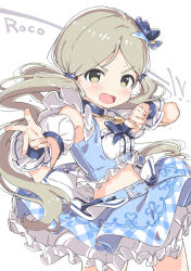 Rule 34 | 1girl, blue bow, blue bowtie, blue choker, blue shirt, blue skirt, blue wrist cuffs, bow, bowtie, breasts, center frills, character name, choker, cowboy shot, cropped shirt, detached sleeves, dress shirt, frilled shirt, frills, green eyes, green hair, hair bow, hair tie, handa roco, heart, heart necklace, idolmaster, idolmaster million live!, jewelry, kuresuku (lessons), long hair, looking at viewer, midriff, necklace, open mouth, puffy detached sleeves, puffy sleeves, shirt, skirt, sleeveless, sleeveless shirt, small breasts, solo, sweat, v-shaped eyebrows, white background, wrist cuffs