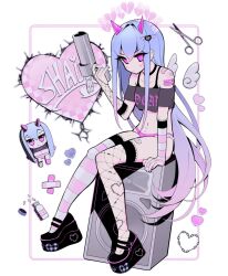 1girl angel_wings ariimaw arm_support asymmetrical_legwear bandaid bandaid_on_arm bandaid_on_shoulder bare_shoulders black_bra black_footwear black_shirt blue_hair bottle bottle_cap bra breasts broken_heart character_name closed_mouth clothes_writing commentary crop_top crossed_bandaids demon_horns elbow_gloves english_commentary facial_mark fishnet_thighhighs fishnets full_body geoxor gloves gun hair_between_eyes hair_intakes hair_ornament halftone heart heart_facial_mark heart_hair_ornament heart_tattoo highres holding holding_gun holding_weapon horizontal-striped_thighhighs horns inset_border knees_together_feet_apart lace lace-trimmed_legwear lace_trim long_hair looking_at_viewer mini_wings nail_polish no_pupils off-shoulder_shirt off_shoulder original panties partially_fingerless_gloves pill pink_eyes pink_gloves pink_horns pink_nails pink_panties pink_thighhighs platform_footwear pubic_tattoo scissors shirt short_sleeves sidelocks simple_background single_fishnet_legwear sitting small_breasts solo speaker striped_clothes striped_gloves tattoo thighhighs two-tone_gloves underwear v-shaped_eyebrows very_long_hair weapon white_background white_gloves white_thighhighs white_wings wings