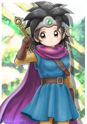 Rule 34 | 1girl, absurdres, belt, belt buckle, black hair, blue dress, blurry, blurry background, blush, bodysuit, breasts, brown eyes, brown gloves, buckle, cape, circlet, closed mouth, commentary request, cowboy shot, dragon quest, dragon quest iii, dress, earrings, gem, gloves, green gemstone, heroine (dq3), highres, holding, holding own hair, jewelry, medium breasts, medium hair, moyapippi, purple cape, roto (dq3), solo, spiked hair, stud earrings, sword, sword on back, twitter username, weapon, weapon on back, yellow bodysuit
