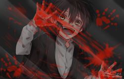 1boy amegakari blood blood_on_hands chinese_clothes commentary_request empty_eyes evil_grin evil_smile fangs fingerprint ghost grin hair_between_eyes horror_(theme) implied_murder jibaku_shounen_hanako-kun looking_at_viewer male_focus murder smile solo straight-on teeth upper_body yellow_eyes yugi_tsukasa