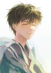 Rule 34 | 1boy, :d, ^ ^, absurdres, black shirt, blonde hair, blue jacket, blush, chinese commentary, closed eyes, driedpersimmonisverydelicious, facing viewer, fang, hair between eyes, happy, highres, hood, hood down, hooded jacket, huang shaotian, jacket, light particles, male focus, open mouth, quan zhi gao shou, shirt, short hair, sidelighting, simple background, smile, solo, teeth, upper body, white background