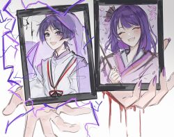 1boy 1girl aunt_and_nephew blood blood_drip blood_on_hands blunt_bangs blunt_ends blush clenched_hand closed_eyes clothing_cutout crack cracked_glass eyeliner eyeshadow facing_viewer fan_hair_ornament genshin_impact happy highres holding_portrait japanese_clothes kariginu kimono layered_kimono layered_sleeves looking_at_viewer makeup makoto_(genshin_impact) open_hand open_mouth portrait_(object) purple_electricity purple_eyes purple_hair purple_kimono purple_nails purple_sleeves purple_veil red_eyeliner red_eyeshadow scaramouche_(genshin_impact) scaramouche_(kabukimono)_(genshin_impact) see-through_clothes see-through_veil sgm618 shoulder_cutout single_sidelock string swept_bangs teeth upper_teeth_only veil white_sleeves