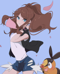 1girl black_vest blue_background blue_eyes blue_shorts brown_hair commentary_request expressionless gen_5_pokemon hilda_(pokemon) long_hair looking_at_viewer nintendo pink_petals pokemon pokemon_(creature) pokemon_bw ponytail shirt shorts tepig vest white_shirt yamimiya