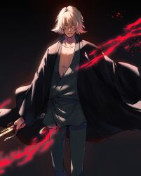 Rule 34 | 1boy, bleach, blonde hair, blood, holding, holding weapon, japanese clothes, male focus, medium hair, shikai, solo, urahara kisuke, weapon, yuzu nf