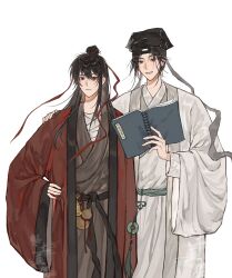 2boys :d absurdres artist_request bandaged_chest bandages black_eyes black_hair black_hanfu black_hat book chinese_clothes chinese_commentary closed_mouth coat commission dao_gui_yi_xian feet_out_of_frame gourd hair_between_eyes hair_bun hair_ribbon half_updo hand_on_another&#039;s_shoulder hand_on_own_hip hanfu hat hat_ribbon headband height_difference highres holding holding_book jin_(headwear) li_huowang long_hair long_sleeves looking_at_another looking_at_viewer male_focus multiple_boys open_clothes open_coat open_mouth red_coat red_eyes red_ribbon ribbon robe second-party_source sidelocks simple_background single_hair_bun smile standing sweatdrop tassel updo watermark white_background white_coat white_hanfu wide_sleeves yaoi yaopei zhouzi_jin_(headwear) zhuge_yuan