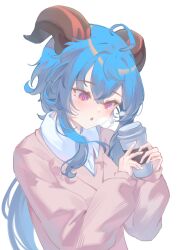 1girl absurdres ahoge alternate_costume blue_hair brown_cardigan brown_horns cardigan commentary_request cup ganyu_(genshin_impact) genshin_impact highres holding holding_cup horns long_hair long_sleeves looking_at_object miku_rasha open_mouth purple_eyes shirt simple_background solo upper_body white_background white_shirt