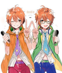 2boys ahoge aoi_kyosuke aoi_yusuke aqua_necktie belt blue_pants blush bracelet commentary_request cowboy_shot double_v english_text glasses green-framed_eyewear green_belt green_jacket hair_between_eyes headphones headphones_around_neck holding holding_microphone idolmaster idolmaster_side-m jacket jewelry looking_at_viewer male_focus microphone midriff_peek multiple_boys nana_tetra navel necktie one_eye_closed open_mouth orange_eyes orange_hair orange_jacket pants pink_pants purple_belt purple_necktie semi-rimless_eyewear shirt short_hair simple_background sleeveless sleeveless_jacket smile sparkle sparkling_aura teeth v white_background white_shirt