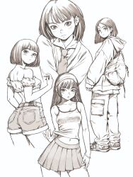 4girls backpack bag bare_shoulders blush breasts camisole camisole_lift closed_mouth clothes_lift collarbone collared_shirt contrapposto cowboy_shot denim denim_shorts highres jacket jeans large_breasts long_hair looking_at_viewer looking_back midriff monochrome multiple_girls multiple_views navel necktie original pants parted_bangs parted_lips pleated_skirt serif_illustrations shirt short_hair shorts simple_background skirt standing upper_body white_background