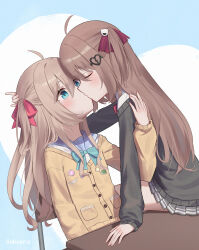 2girls absurdres artist_name black_sweater blue_background blue_bow blue_bowtie blue_eyes blue_sailor_collar bow bowtie brown_hair closed_eyes commentary commission english_commentary evil_neuro-sama grey_skirt hair_ribbon highres incest kiss linhcoris long_hair multiple_girls neuro-sama pleated_skirt red_ribbon ribbon sailor_collar school_uniform siblings sisters skirt sweater twincest twins two-tone_background vedal_ai virtual_youtuber white_background yellow_sweater yuri