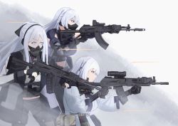 3girls absurdres acog ak-12 ak-12_(girls&#039;_frontline) ak-15 ak-15_(girls&#039;_frontline) assault_rifle cyka drum_magazine extended_barrel finger_on_trigger fingerless_gloves firing muzzle_device girls&#039;_frontline gloves gun highres kalashnikov_rifle light_machine_gun machine_gun magazine_(weapon) mask mouth_mask multiple_girls rpk rpk-16 rpk-16_(girls&#039;_frontline) scope tactical_clothes trigger_discipline vertical_forward_grip weapon white_hair