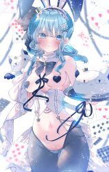 1girl animal_ears blurry blush bow card corset crown depth_of_field detached_collar glue hair_bow hair_ornament heart_pasties highres holding holding_tray hololive hoshimachi_suisei leotard long_hair maid_headdress meme_attire mini_crown moo_(umineko) navel pasties playboy_bunny playing_card pout rabbit_ears reverse_bunnysuit reverse_outfit ribbon sparkle star_(symbol) tray wing_hair_ornament x_hair_ornament